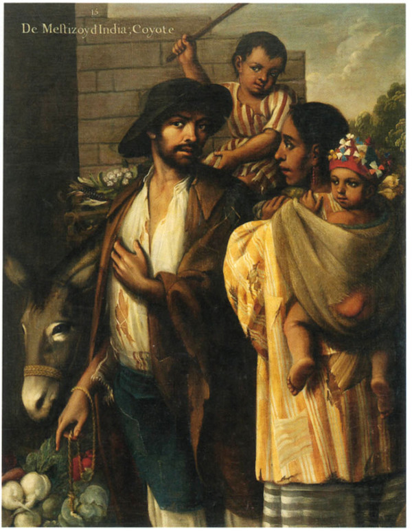 Pintura de un hombre mestizo y una mujer indígena, con niños que son llamados "coyotes".