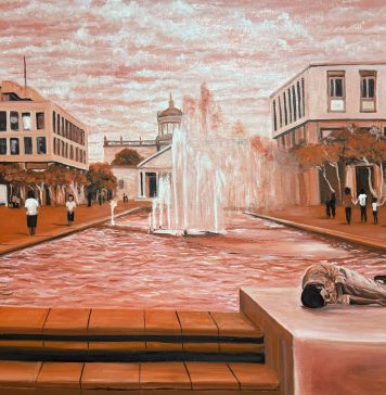 “Intemperie”, Oscar Quevedo pinta a quienes Guadalajara no mira Un joven se le ve durmiendo en un pedestal de la fuente de la Plaza Tapatía, frente al Museo Cabañas.